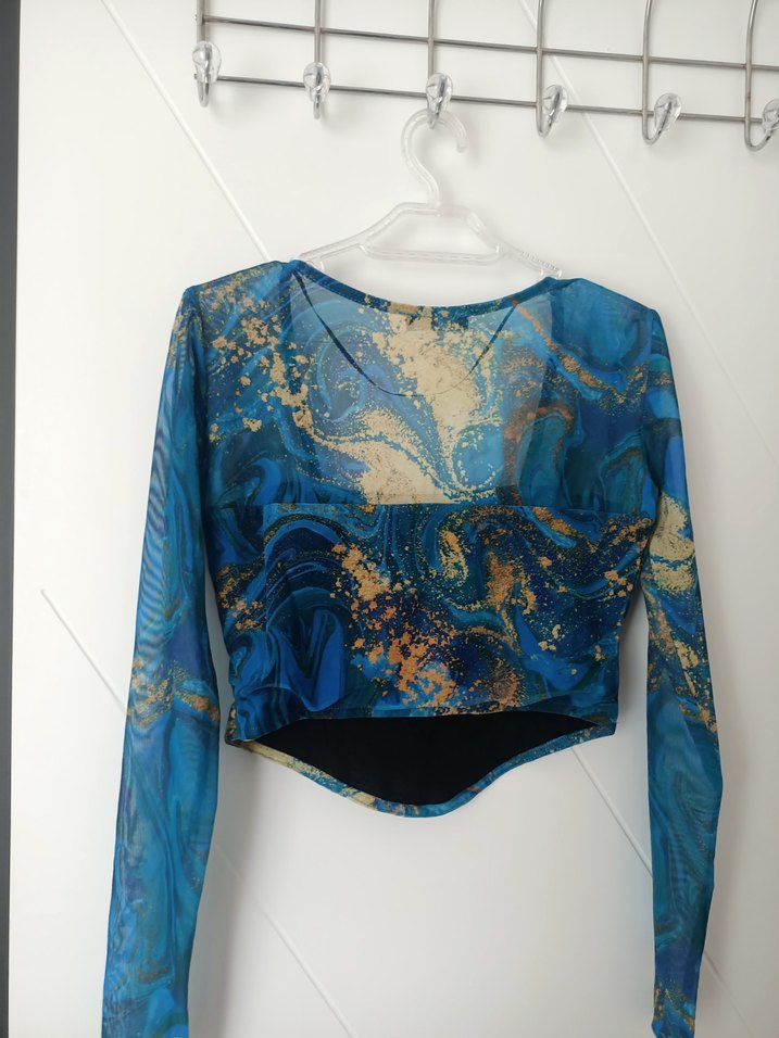 Mavi V Yakalı Drapeli Mini Bluz - Görsel 3