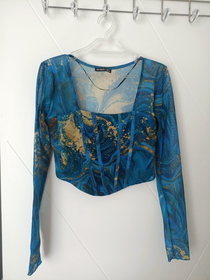 Mavi V Yakalı Drapeli Mini Bluz - Görsel 2