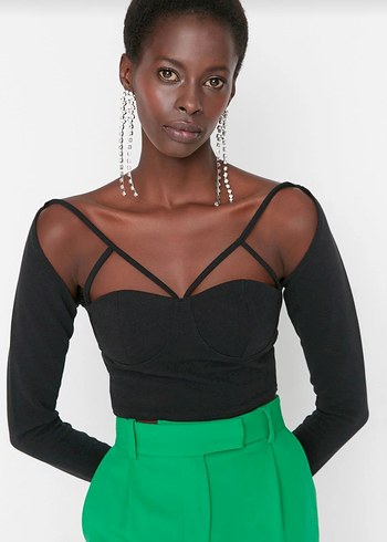 Siyah V Yaka Mini Bluz - Görsel 2