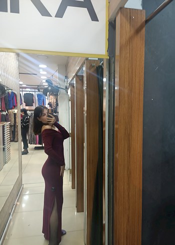 Bordo V Yaka Uzun Kollu Uzun Elbise - Görsel 5