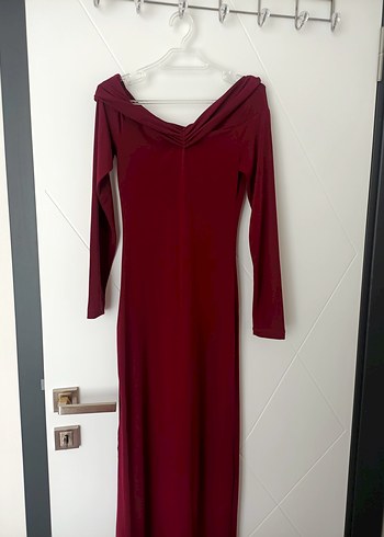 Bordo V Yaka Uzun Kollu Uzun Elbise - Görsel 2