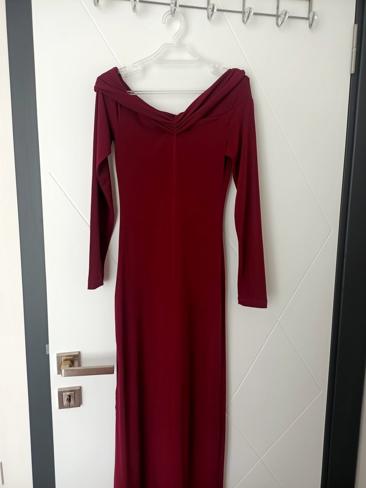 Bordo V Yaka Uzun Kollu Uzun Elbise - Görsel 2