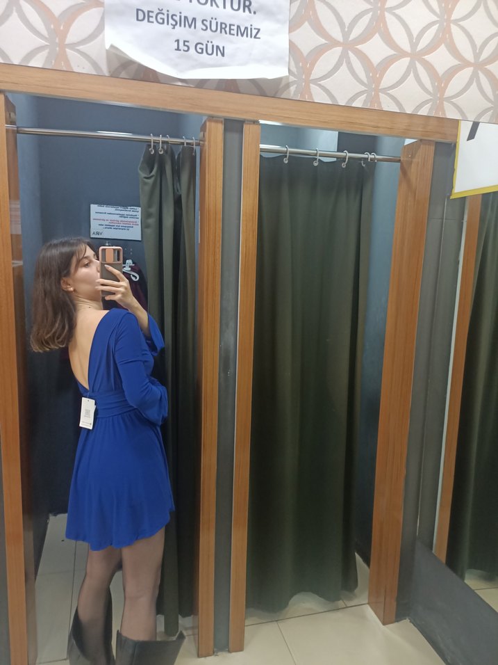 Kadın Lacivert Uzun Kollu V Yaka Elbise - Görsel 5