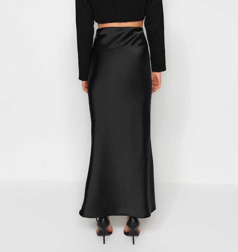 Saten Siyah Uzun Kadın Etek - Görsel 3