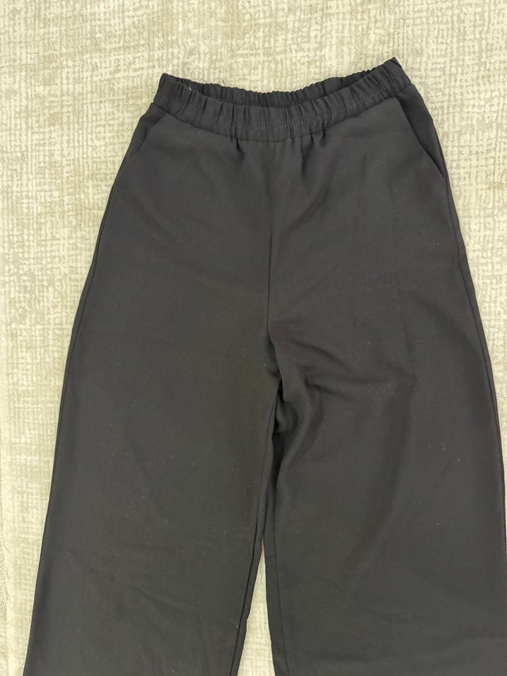 Siyah bol paça uzun beli lastikli Kumaş Kadın Pantolon - Görsel 4