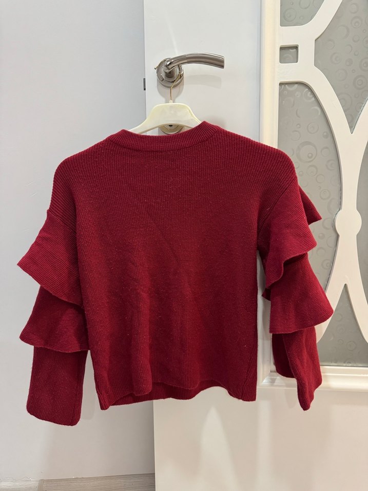 Bordo Kadın Volanlı Uzun Kollu Triko Kazak - Görsel 2