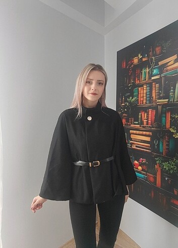 s Beden Zara model siyah Kemerli kaşe Panço 