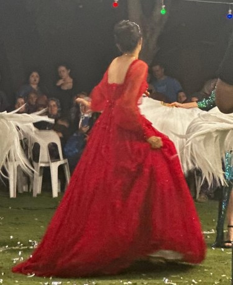 Kırmızı işlemeli tül Kollu Nişan kına  Elbisesi - Görsel 3