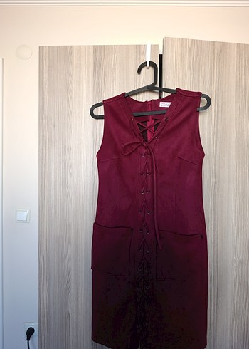 Diğer Bordo Süet Midi Kemerli Bohem Elbise