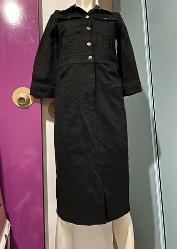 Düğmeli Siyah Uzun Kadın Elbise - Görsel 3