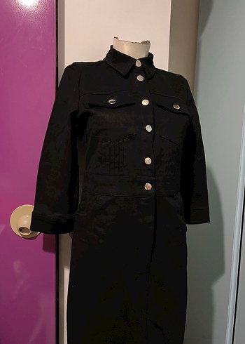 Düğmeli Siyah Uzun Kadın Elbise - Görsel 9