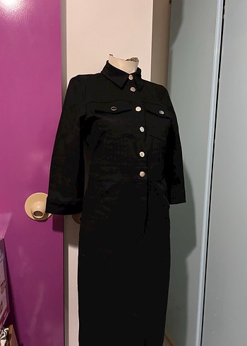 Düğmeli Siyah Uzun Kadın Elbise - Görsel 10