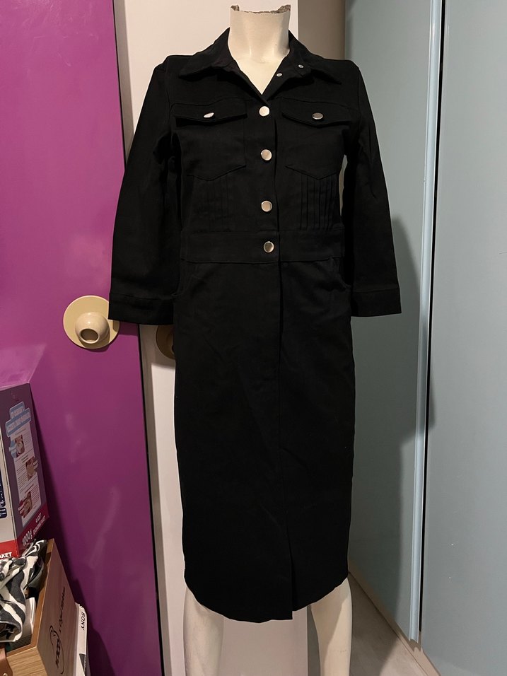 Düğmeli Siyah Uzun Kadın Elbise - Görsel 2