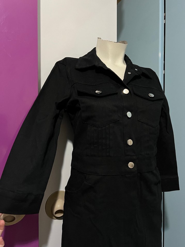 Düğmeli Siyah Uzun Kadın Elbise - Görsel 5