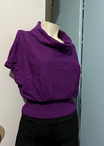 Mor Yüksek Yakalı Kolsuz Örgü Kadın Kazak - Görsel 5