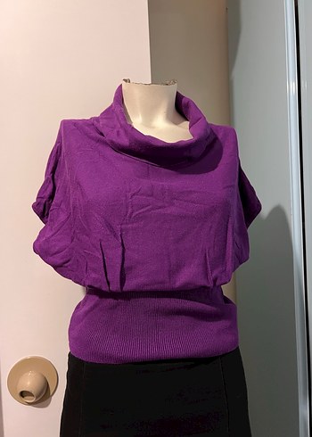 Mor Yüksek Yakalı Kolsuz Örgü Kadın Kazak - Görsel 2