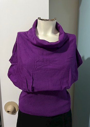 Mor Yüksek Yakalı Kolsuz Örgü Kadın Kazak - Görsel 4