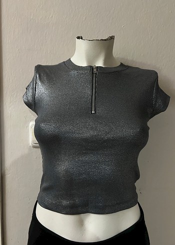 Gri V Yaka Kısa Fermuarlı Crop Top - Görsel 2