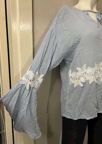 Dantel Detaylı Bohem Mavi Uzun Kol Bluz - Görsel 5