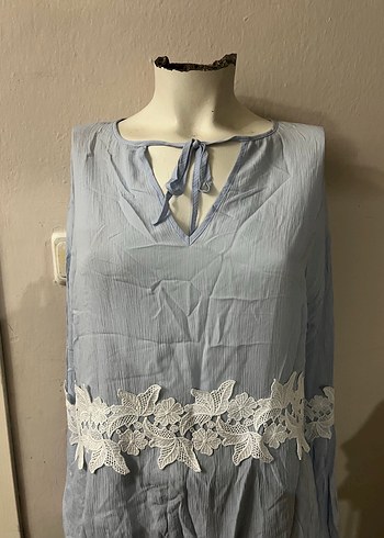 Dantel Detaylı Bohem Mavi Uzun Kol Bluz - Görsel 3