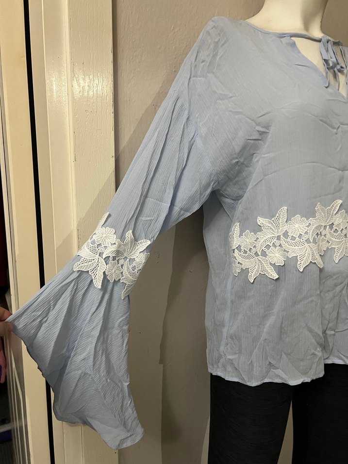 Dantel Detaylı Bohem Mavi Uzun Kol Bluz - Görsel 5