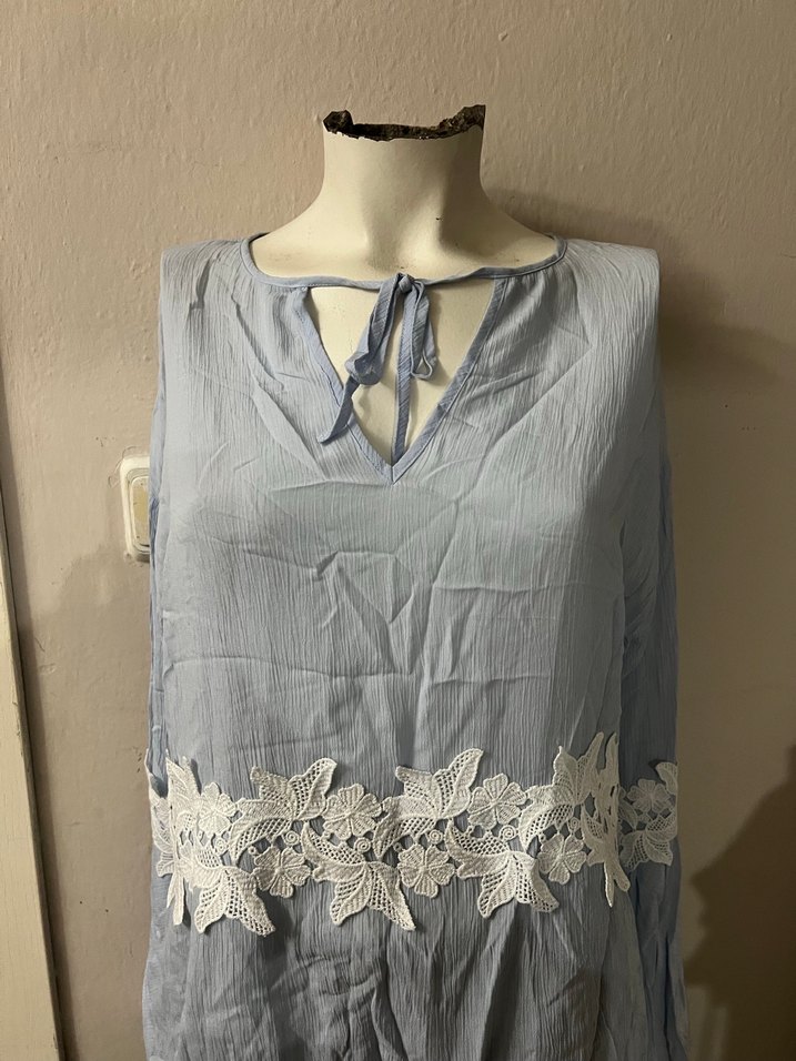 Dantel Detaylı Bohem Mavi Uzun Kol Bluz - Görsel 3