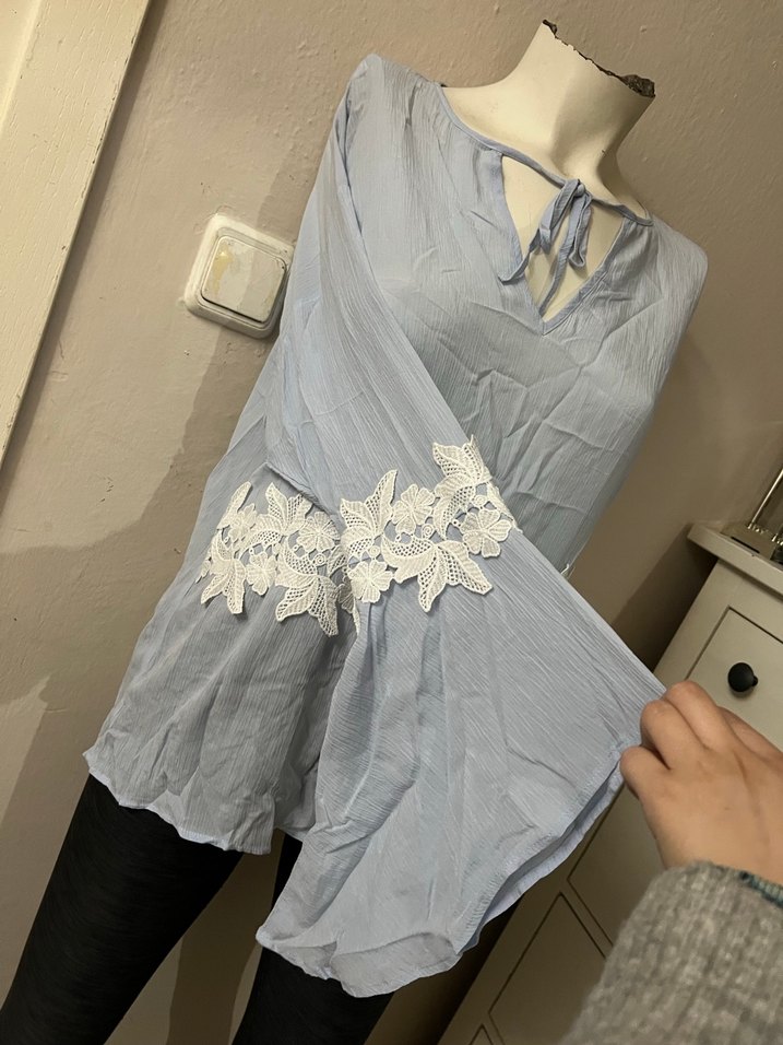 Dantel Detaylı Bohem Mavi Uzun Kol Bluz - Görsel 4