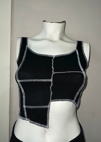 Siyah Gri Dikişli Örgü Crop Top - Görsel 2