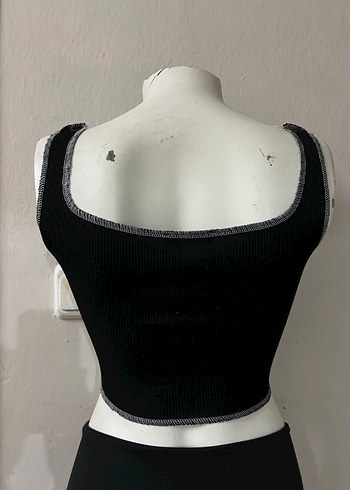 Siyah Gri Dikişli Örgü Crop Top - Görsel 6