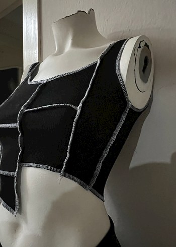 Siyah Gri Dikişli Örgü Crop Top - Görsel 5