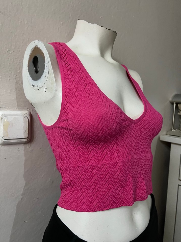 Pembe V Yakalı Örgü Bluz - Görsel 4