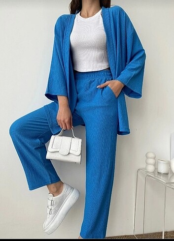 xl Beden mavi Renk kimono gofre bürümcük kimono pantolon takım 