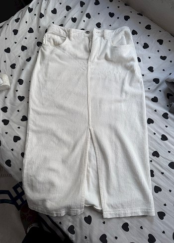 Düğmeli Beyaz Midi Keten Etek - Görsel 2