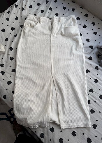 Düğmeli Beyaz Midi Keten Etek - Görsel 3