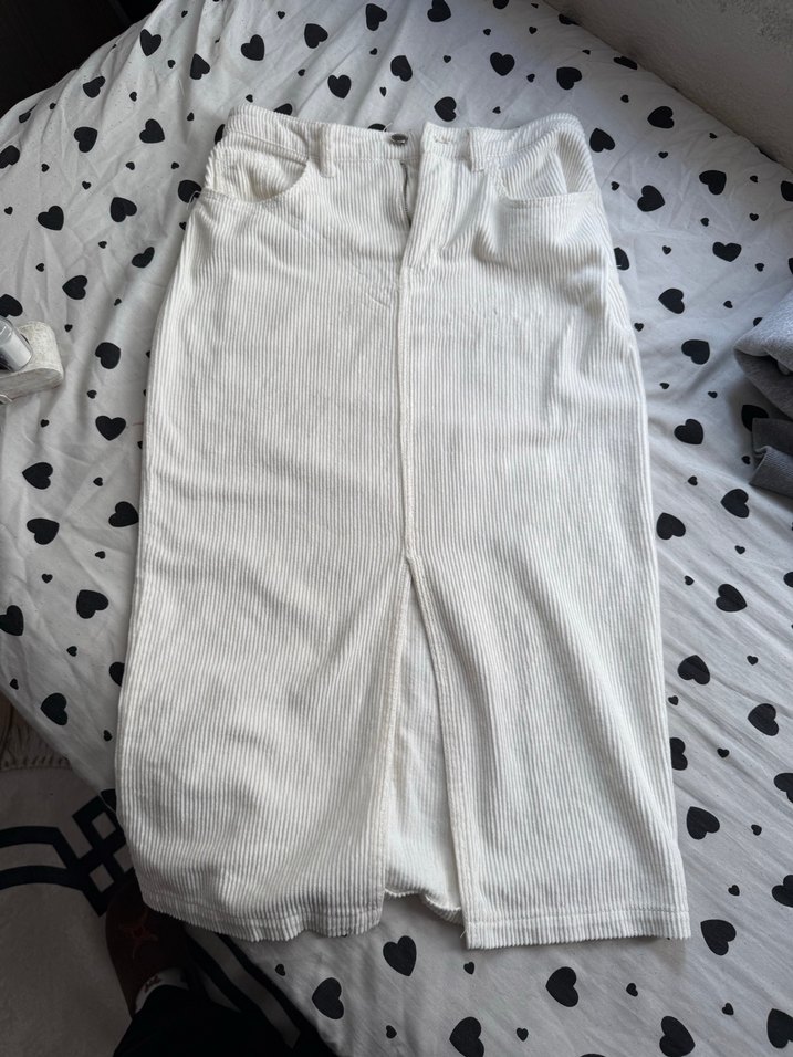 Düğmeli Beyaz Midi Keten Etek - Görsel 2