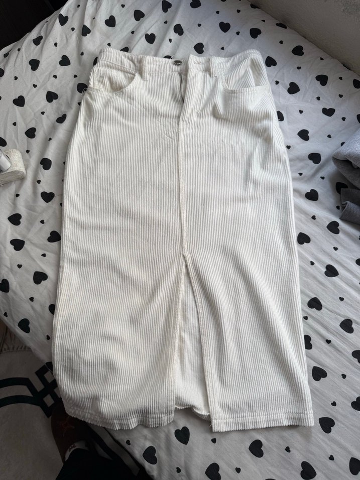 Düğmeli Beyaz Midi Keten Etek - Görsel 3