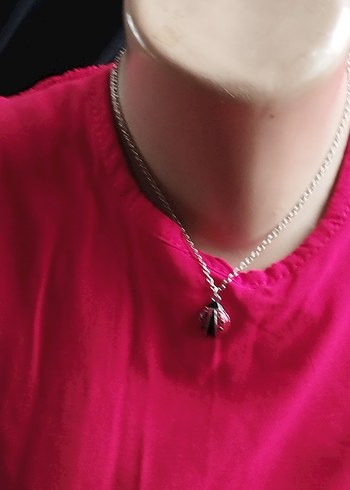 Zincir Detaylı Kırmızı Uğur Böceği Kolye - Görsel 3