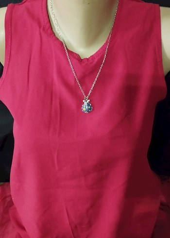 Renkli Baskılı Mavi Zincirli Kolye - Görsel 3