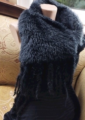 Siyah Uzun Kadın kirpi yün atkı - Görsel 2