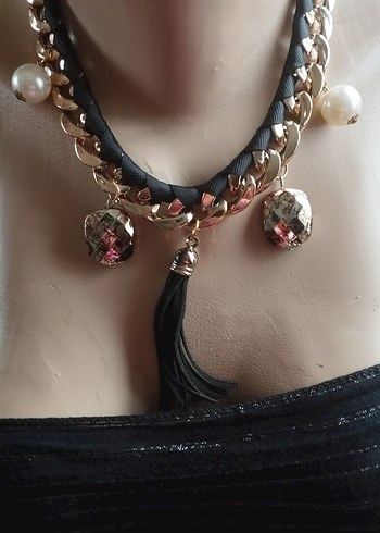 Zincir Detaylı Siyah kurdele Desenli Kolye özel tasarım tek ürün - Görsel 3