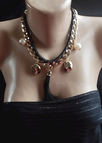 Zincir Detaylı Siyah kurdele Desenli Kolye özel tasarım tek ürün - Görsel 2