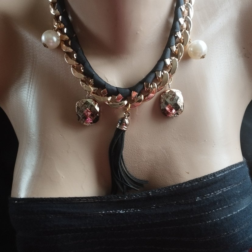 Zincir Detaylı Siyah kurdele Desenli Kolye özel tasarım tek ürün - Görsel 3