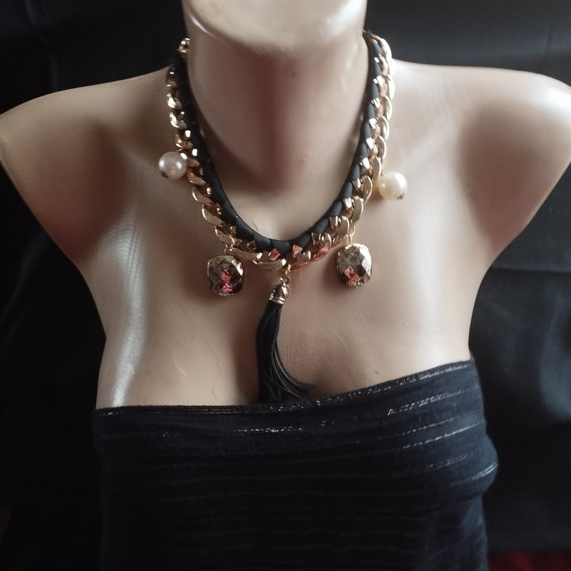 Zincir Detaylı Siyah kurdele Desenli Kolye özel tasarım tek ürün - Görsel 2