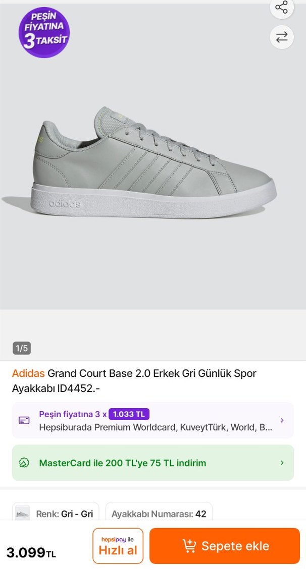Gri Adidas Grand Court Base 2 Spor Ayakkabı - Görsel 2