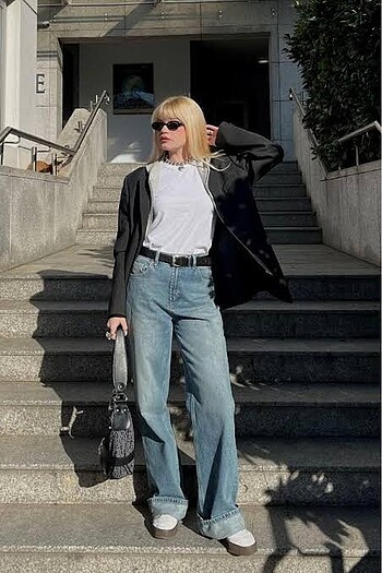 Bases Mavi Wide Leg Jean Kot Denim Pantolon