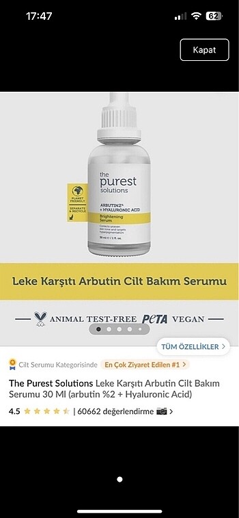 The Purest Solutions Leke Karsit Arbutin Cilt Bakim Serumu 30 MI