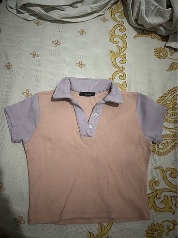trendyol milla polo yaka crop bluz tshirt lila pembe toz pembe
