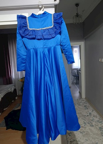 Uzun Kollu Mavi Fırfırlı Vintage Kadın Elbise - Görsel 2