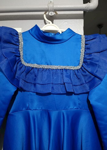 Uzun Kollu Mavi Fırfırlı Vintage Kadın Elbise - Görsel 3