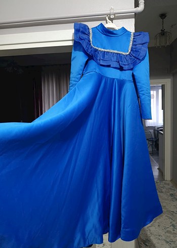 Uzun Kollu Mavi Fırfırlı Vintage Kadın Elbise - Görsel 4